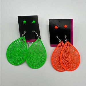 Neon UV-Reactive Glow Green and Orange Teardrop Earrings, 4 Pairs